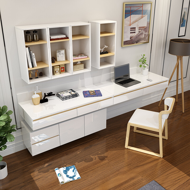 骏酷 电脑桌 台式家用挂壁书桌书柜组合现代简约写字台办公桌子 原木色 两抽挂壁书桌