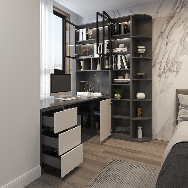 转角书桌书柜一体现代简约学生写字桌书桌书架组合家用电脑桌定制