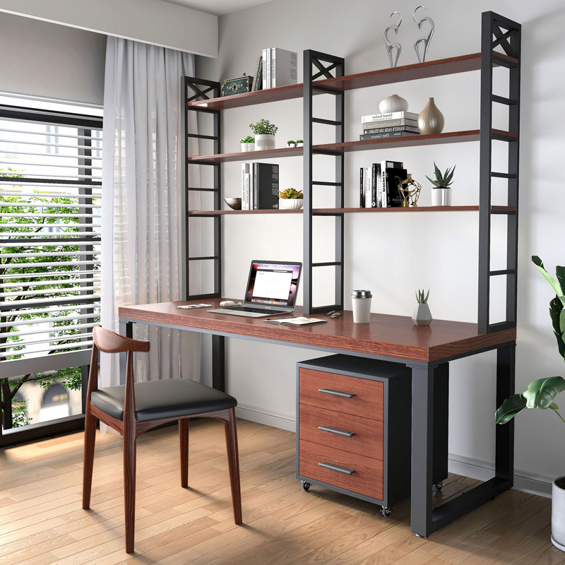 北欧双人书桌书架组合家用台式电脑桌写字桌简约卧室书桌书柜一体