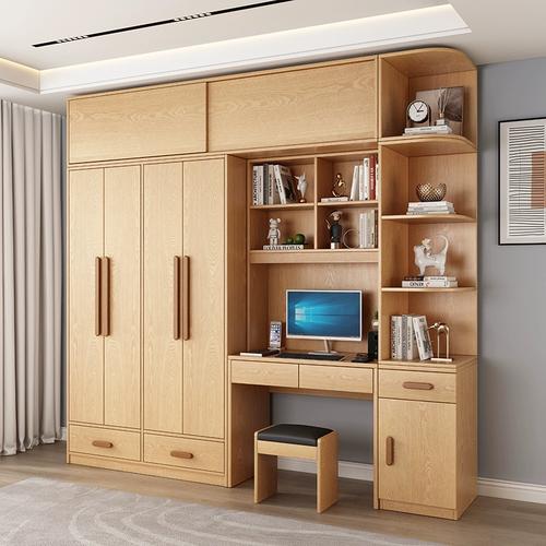 橡木实木衣柜书桌一体转角连体柜子定做原木儿童电脑写字台书架橱